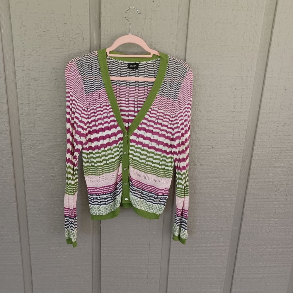 Hobbs Striped Knit Pearl Snap Cardigan Size 14 Women Preppy Long Sleeve V Neck